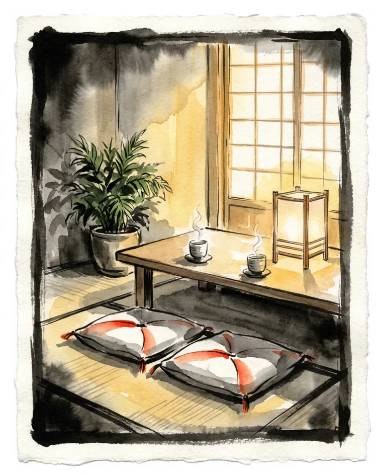 並んだ座布団と湯のみ、やわらかな灯りの居間の絵