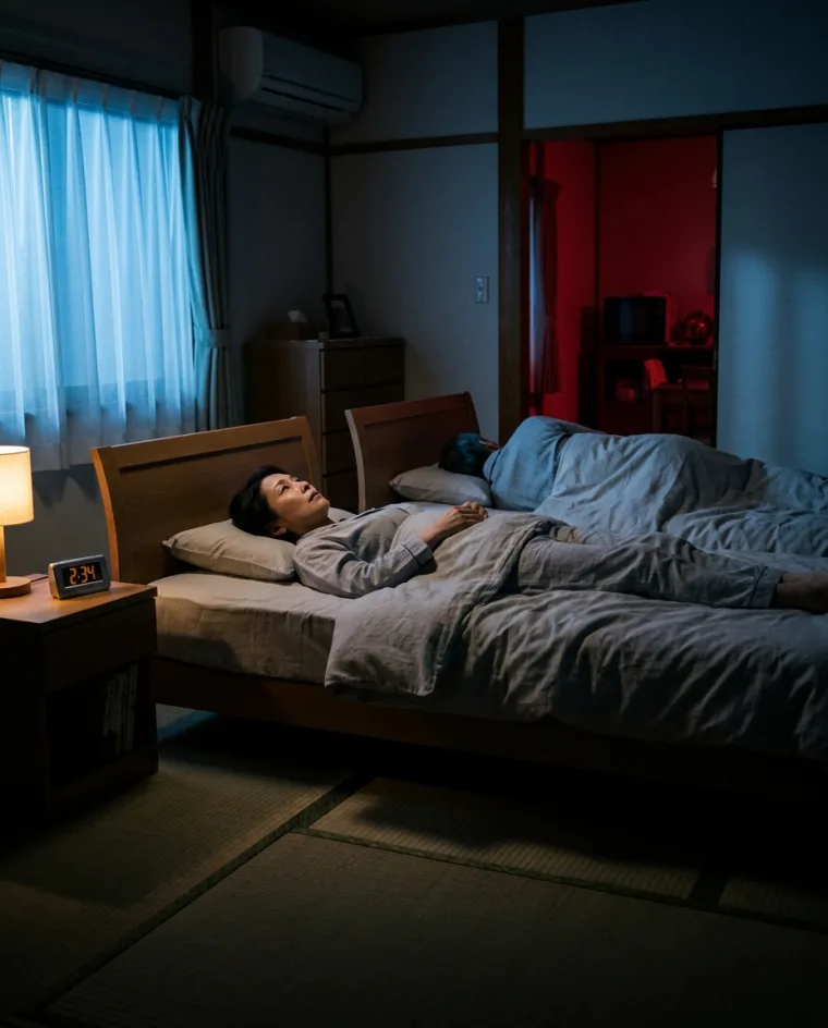 離れたベッドで眠れずにいる妻と、背を向けて眠る夫
