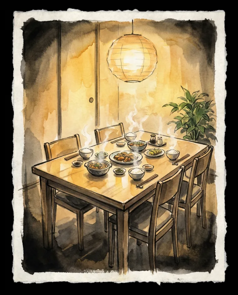温かな灯りの下、料理が並んだ食卓の絵