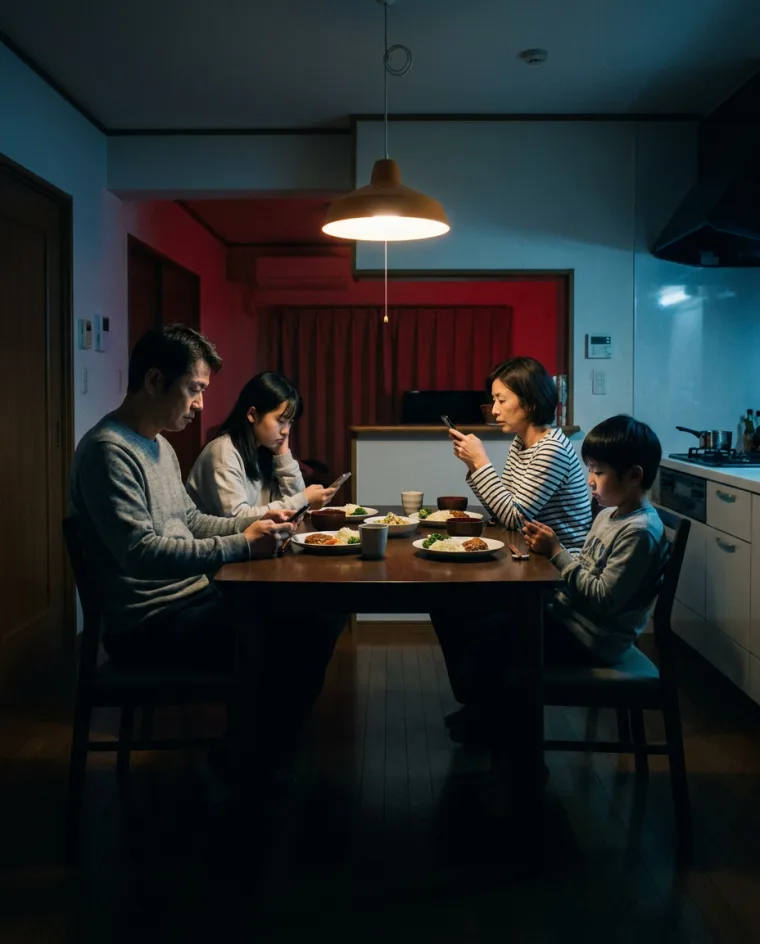 食卓でそれぞれ携帯を見て黙る家族