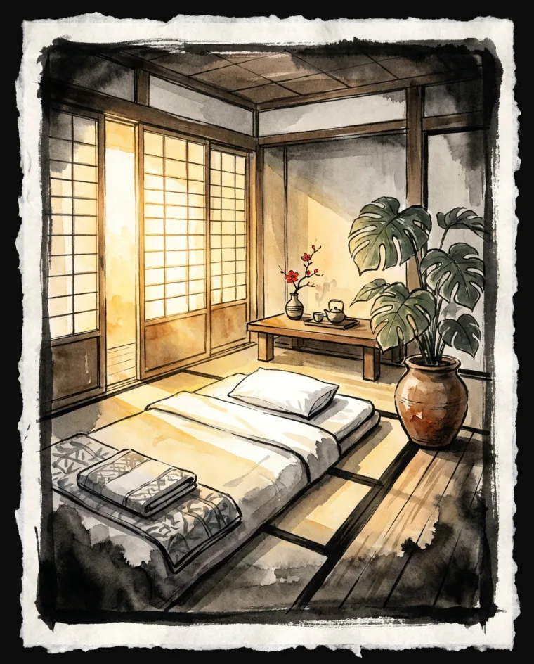 やわらかな朝の光が差す、整った寝室の絵