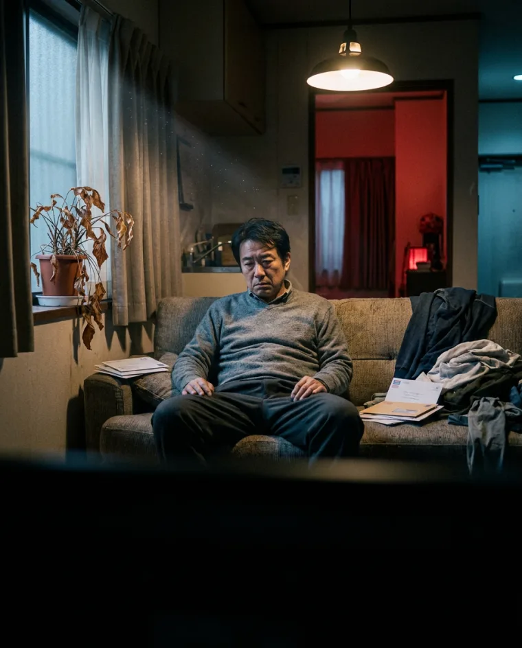 枯れた鉢植えの部屋で沈み込む男性