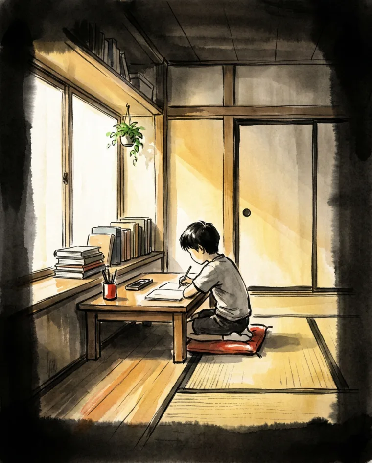 明るく整った部屋で、机に向かう子どもの絵