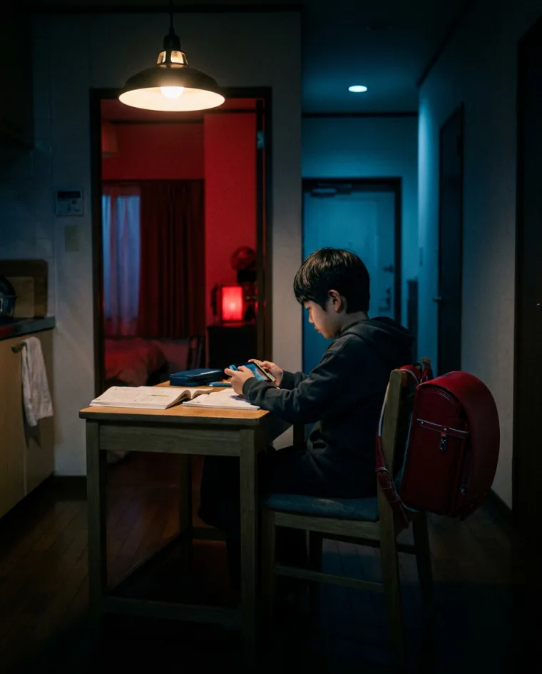 勉強机でゲーム機に気を取られる男の子