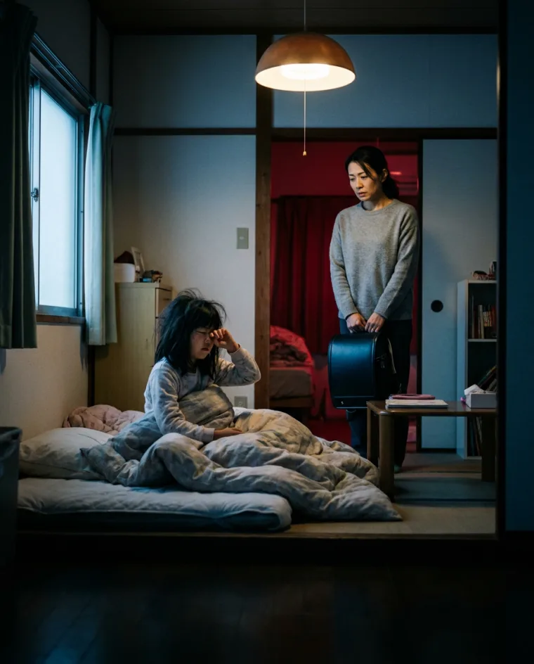朝起きられない女の子と、ランドセルを持つ母親