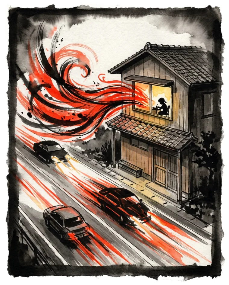 大通りの強い気が子ども部屋の窓に流れ込む絵