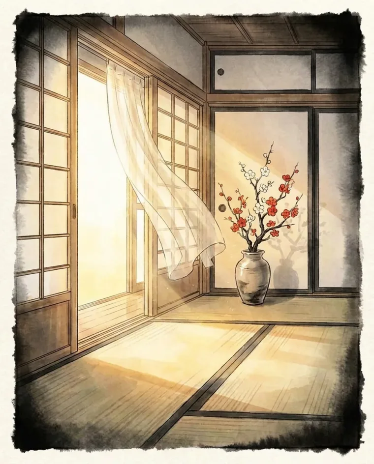 梅の花が飾られた、新年の朝の明るい部屋の絵