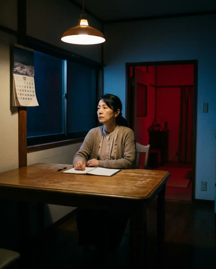 年の瀬の夜、新しい手帳を前にため息をつく女性