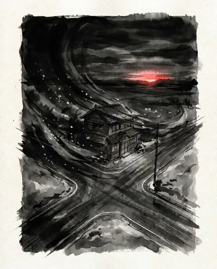 冬の夜、突き当たりの家と遠くの初日の光の絵