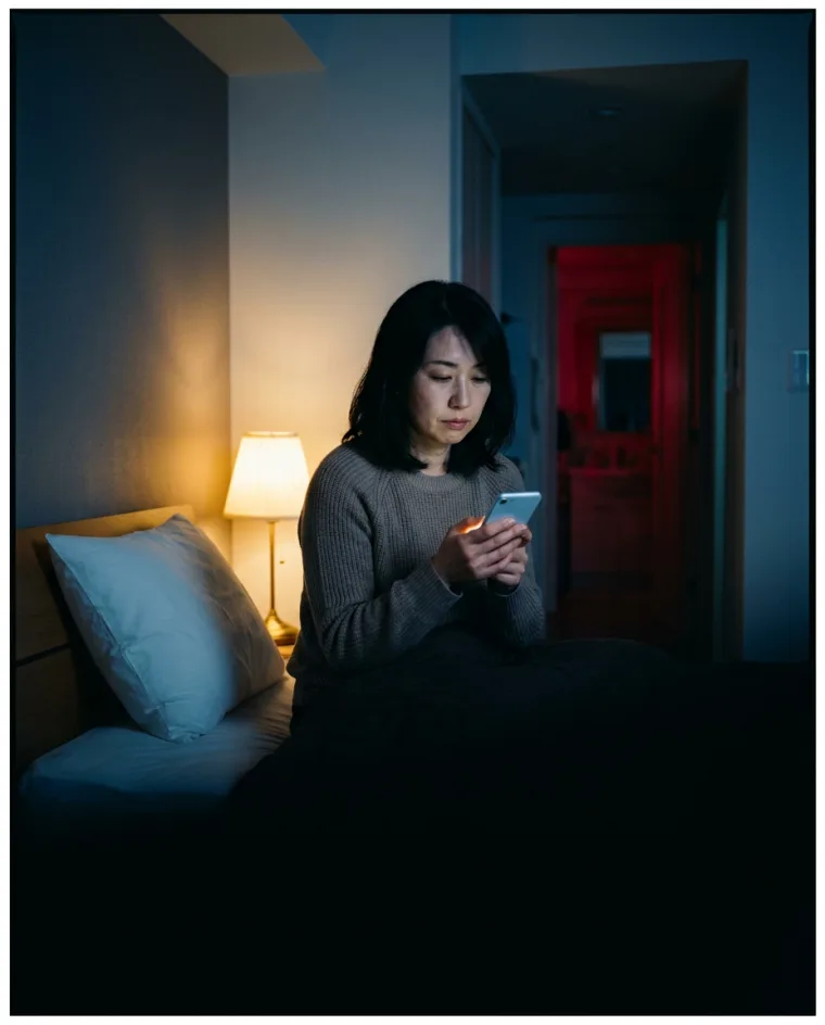 夜、ひとりで携帯を見つめる女性