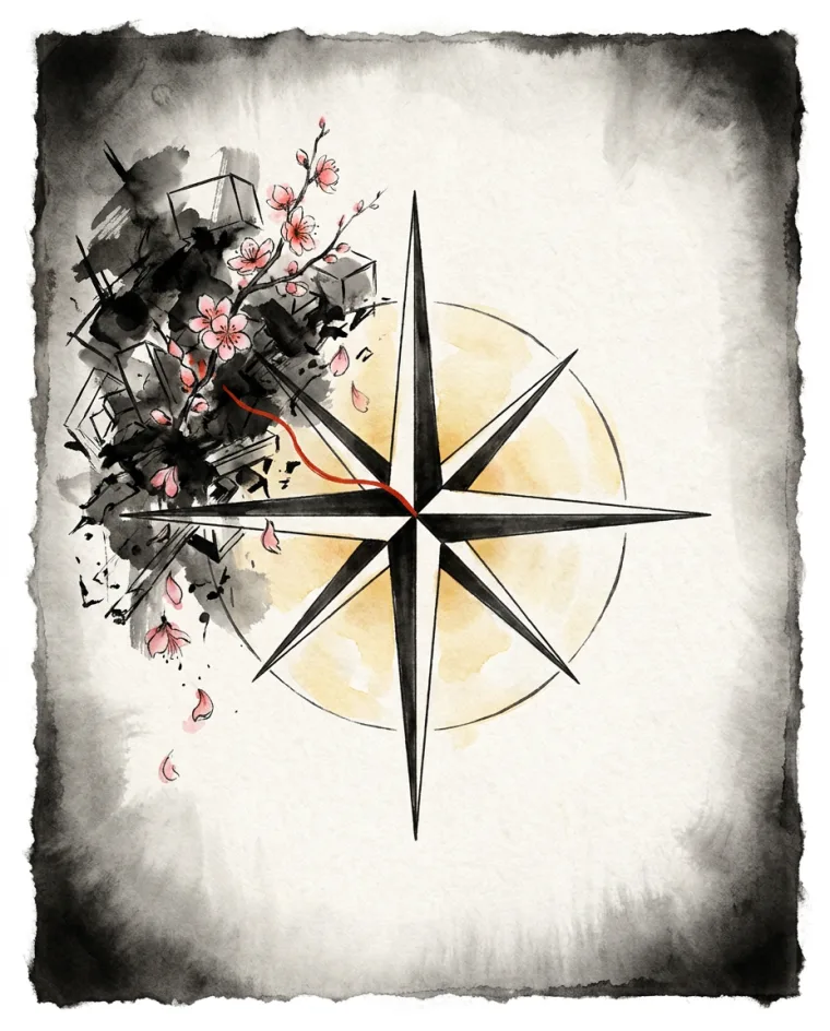 桃花の方角が黒い墨でふさがれた方位盤の絵