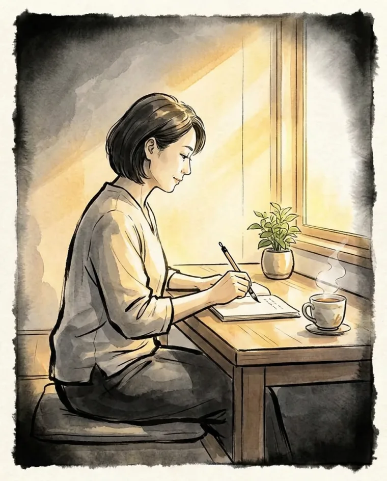 光の差す窓辺で、手帳に書き込む女性の絵