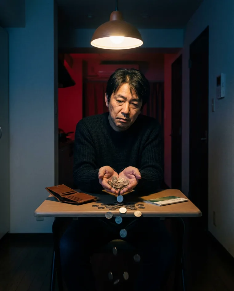 手のひらから硬貨がこぼれ落ちる男性