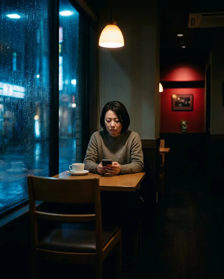 雨の夜のカフェで、ひとり携帯を見つめる女性