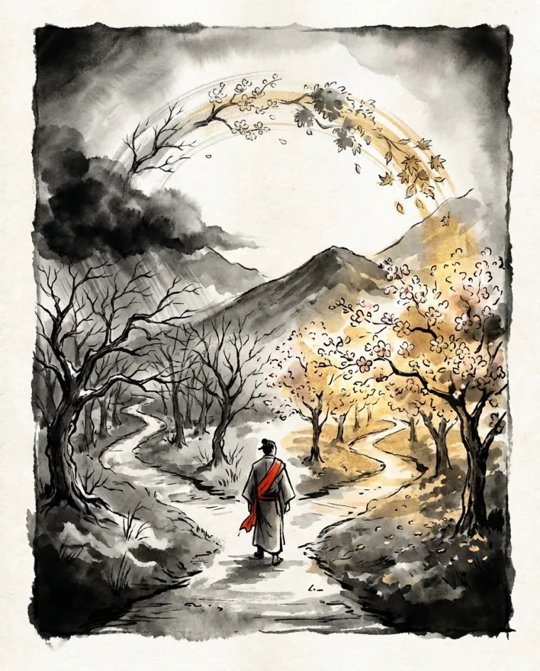 冬と春に分かれる道に立つ旅人の絵