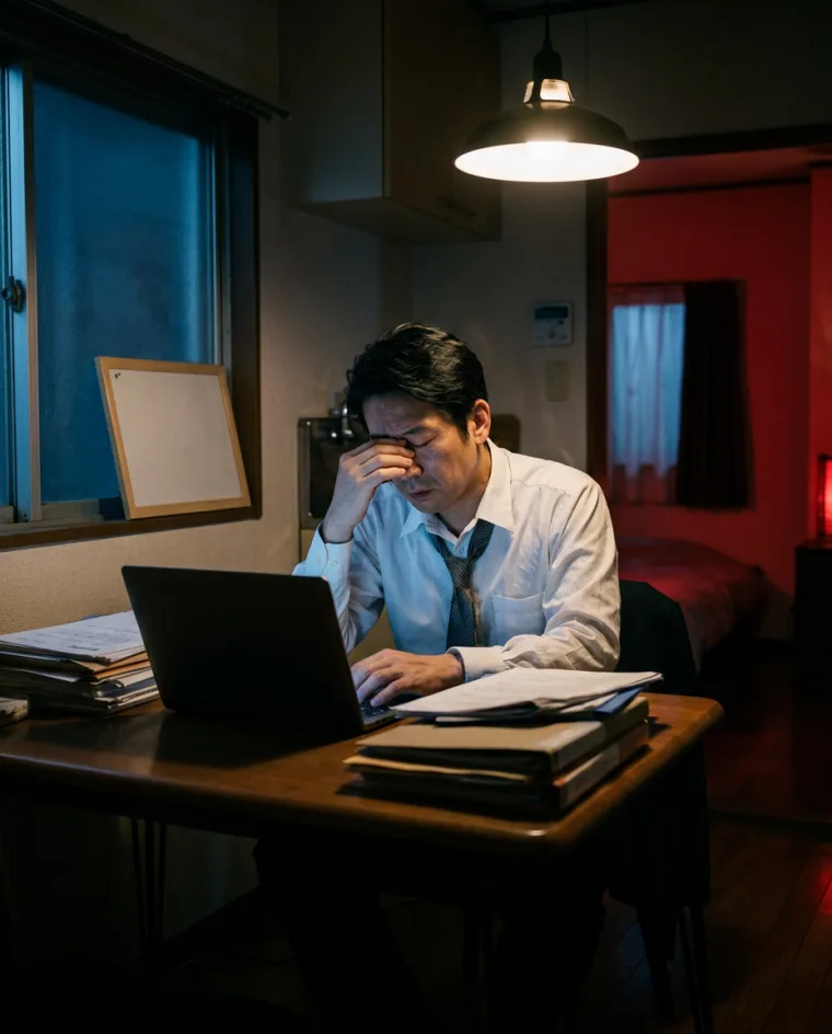 夜遅く、自宅の机で疲れ果てる会社員