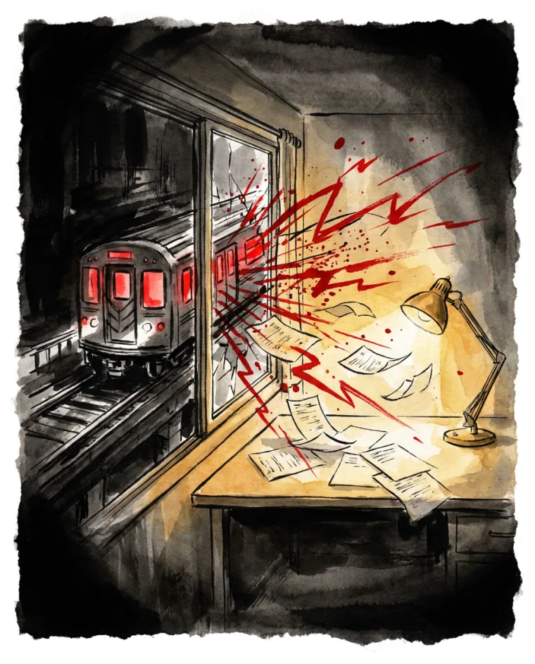 電車の音と気で、机の書類が舞い散る絵